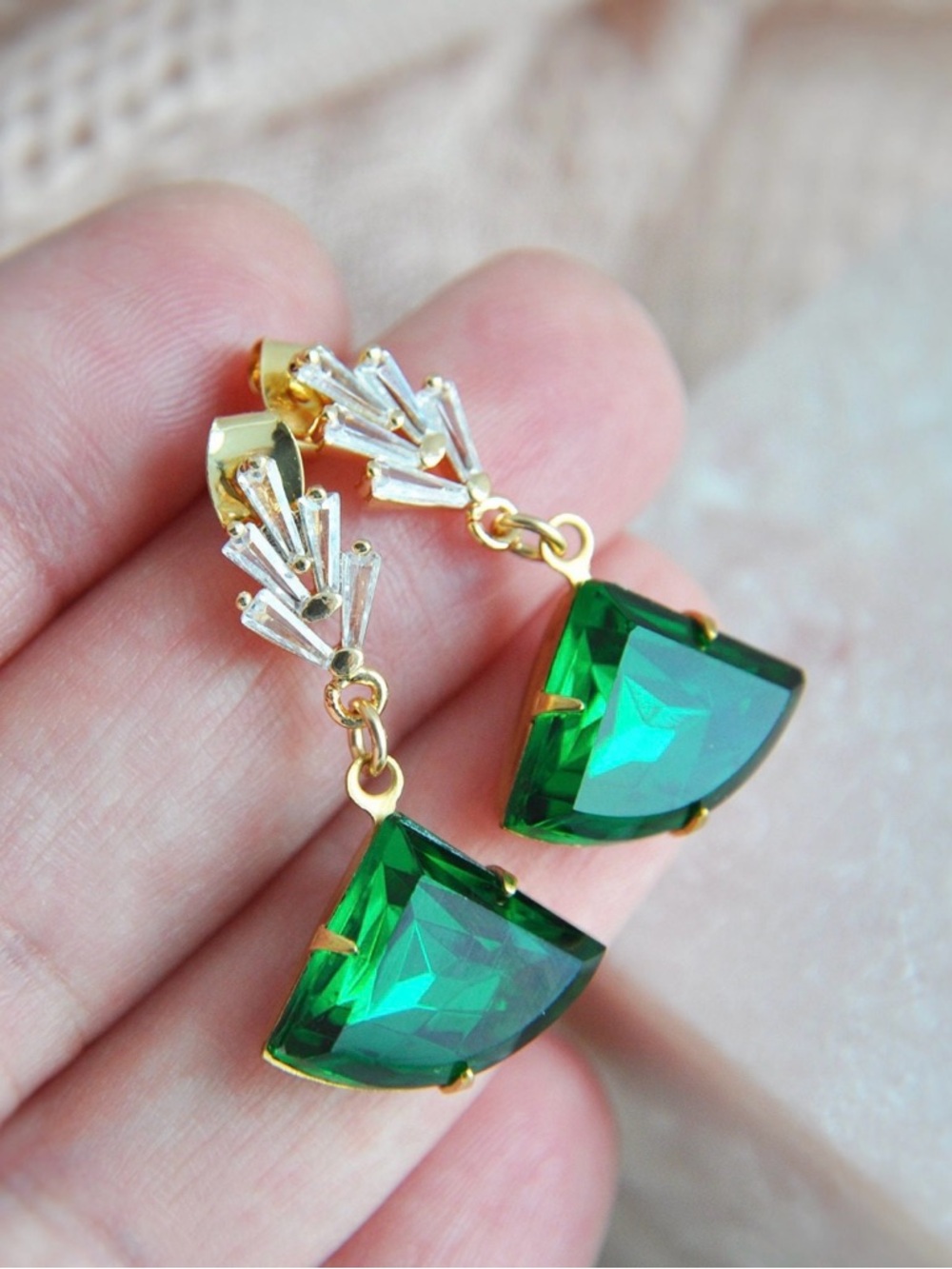Emerald Green Crystal Drop Earrings - Gold Tone